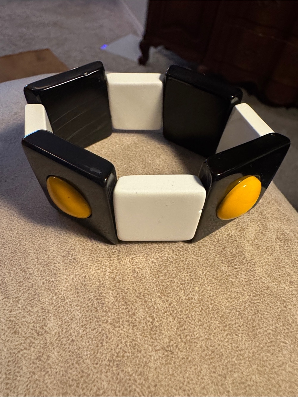 ZSISKA Mondrian inspired resin bracelet black white tiles with yellow dot inlays